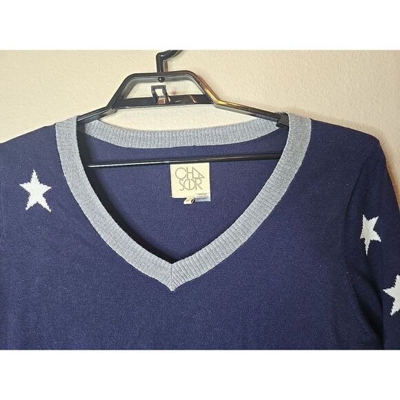Chaser Women’s Star Sweater Size Medium Gray Blue Cotton Cashmere Blend t14 - Picture 3 of 6